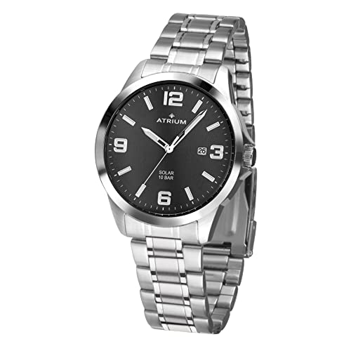 Atrium Herren-Armbanduhr Solar Edelstahl Analog 10 bar mit Edelstahl Armband und Datum Anzeige silberfarben schwarz A32-31 von Atrium