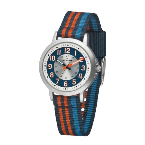 Atrium Kinder Armbanduhr Jungen Analog Quarz extra deutlich mit gestreiftem Nylonband dunkelblau orange hellblau A50-12 von Atrium