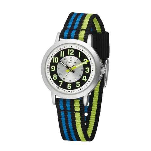 Atrium Kinder Armbanduhr Jungen Analog Quarz extra deutlich mit gestreiftem Nylonband schwarz hellblau hellgrün A50-13 von Atrium