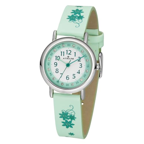 Atrium Kinder Armbanduhr Mädchen Analog Quarz extra deutlich mit Kunstlederband Blumen Mint Türkis A47-13 von Atrium