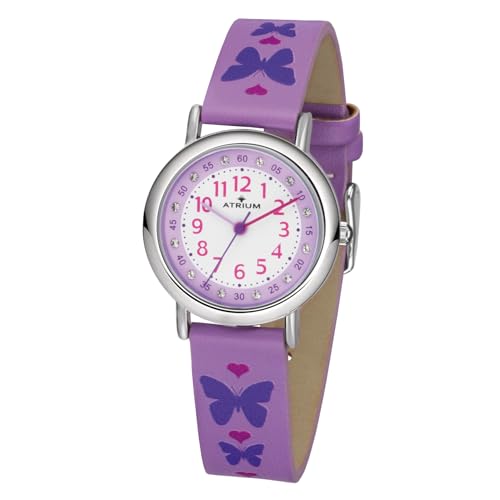 Atrium Kinder Armbanduhr Mädchen Analog Quarz extra deutlich mit Kunstlederband Schmetterlinge Herzen Lila Violett A47-18 von Atrium