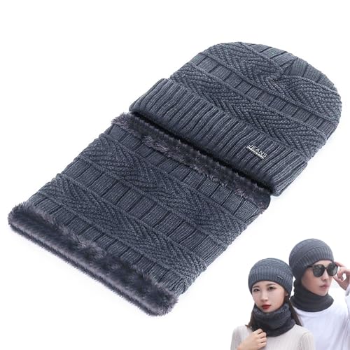 Atsmoce® Wintermütze und Schlauchschal Set, Winter Warm Beanie Mütze und Schal Set für Herren und Damen, mit Dicke Fleecefutter (Grau) von Atsmoce