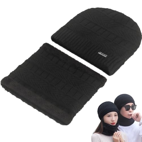 Atsmoce® Wintermütze und Schlauchschal Set, Winter Warm Beanie Mütze und Schal Set für Herren und Damen, mit Dicke Fleecefutter (Schwarz) von Atsmoce