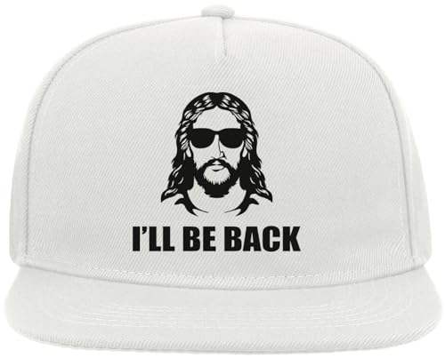 Atspauda I'll Be Back Funny Jesus Graphic Snapback Flat Visor Cotton Blend Cap White, weiß, Einheitsgröße von Atspauda