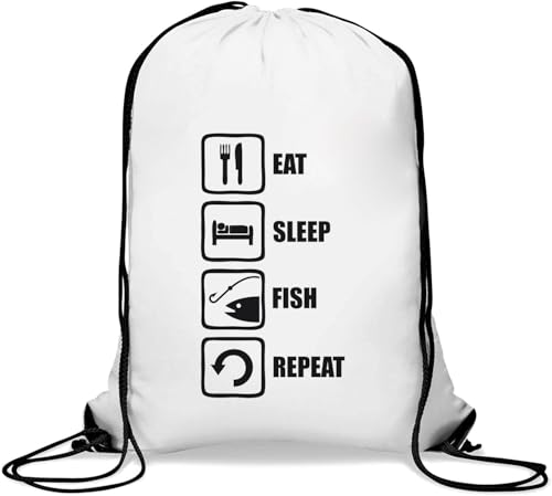 Eat Sleep Fish Repeat Fish and Hook Gym Sack Casual Drawstring Bag White, weiß, Einheitsgröße von Atspauda