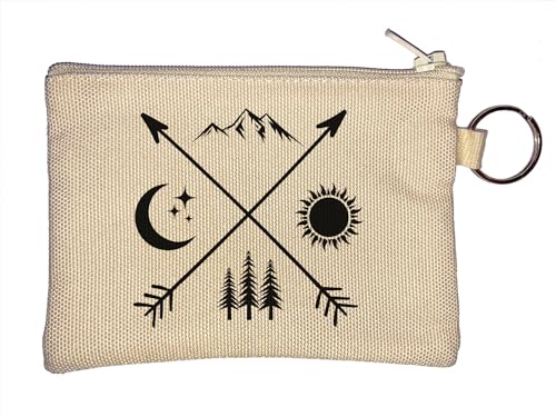 Minimalistische Camping Pfeile Sonne und Mond Wald Berge Schlüsselanhänger Münzbörse Beige, beige, Einheitsgröße von Atspauda