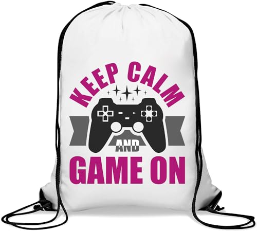 Turnbeutel mit Aufschrift "Keep Calm and Game On", mit Kordelzug, Weiß, weiß, Einheitsgröße von Atspauda