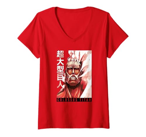 Damen Attack on Titan Colossus Titan with Kanji Anime Manga T-Shirt mit V-Ausschnitt Damen Attack on Titan Colossus Titan with Kanji Anime Manga T-Shirt mit V-Ausschnitt von Attack on Titan Manga