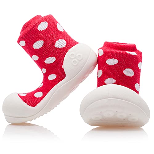 Attipas Polka Dots - ergonomische Baby Lauflernschuhe mit Baumwolle | Kinder Barfußschuhe, Hausschuhe | Weiche, rutschfeste Sohle (Rot, numeric_22_point_5) von Attipas