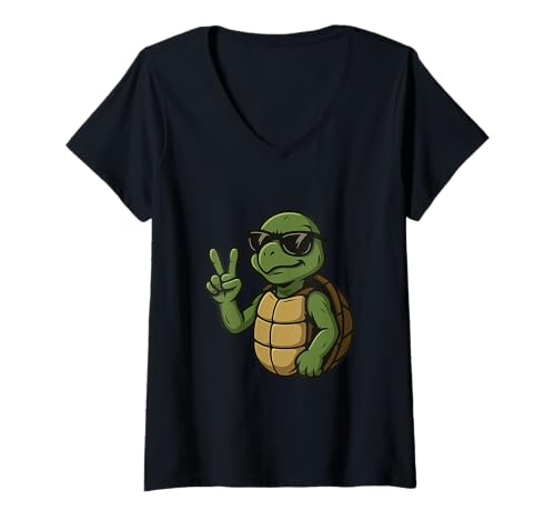 Damen Coole Schildkröte mit Sonnenbrille Peace Zeichen T-Shirt mit V-Ausschnitt Damen Coole Schildkröte mit Sonnenbrille Peace Zeichen T-Shirt mit V-Ausschnitt von Attitude Turtle Apparel