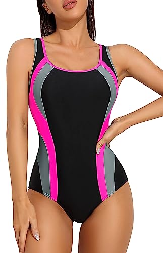 ATTRACO Damen Einteiler Badeanzüge Athletic Racerback Badeanzug, schwarz / pink, S von Attraco