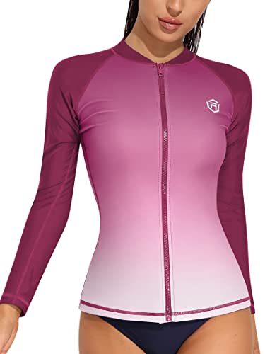 ATTRACO Damen Rash Vest Reißverschluss Langarm Neoprenanzug Tops Gradient UV Shirt, Farbverlauf 1: Violett/Rot, 38 von Attraco