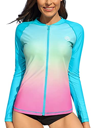 ATTRACO Damen Rash Vest Reißverschluss Langarm Neoprenanzug Tops Farbverlauf UV Shirt, 1# Farbverlauf, rosa, L von Attraco