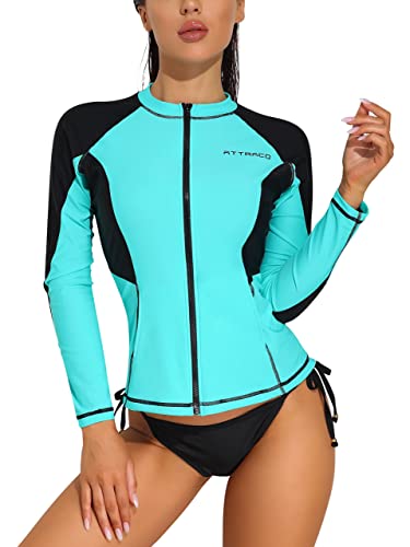 ATTRACO Damen Rash Vest Reißverschluss Langarm Neoprenanzug Tops Gradient UV Shirt, Aqua/Schwarz, 42 von Attraco