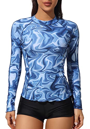 ATTRACO Damen Rashweste UV-Sonnenschutz Schwimmshirt Langarm Neoprenanzüge Tops, Tiefblau bedruckt, S von Attraco