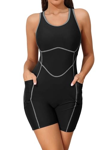 ATTRACO Sport Einteiliger Badeanzug für Damen Boyleg Badeanzug Racerback Bademode, Schwarz/Tasche, XL von Attraco