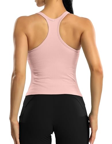 ATTRACO Workout Tank Tops Damen mit eingebauten BHs, Laufshirts, Sportweste, Yoga, Fitnessstudio, Tops, enge Passform, rose, Large von Attraco