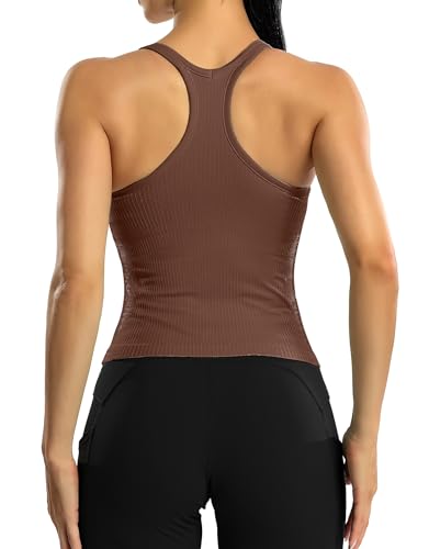 ATTRACO Workout-Tanktops für Damen mit integrierten BHs, Lauf-Shirts, Sportweste, Yoga, Fitnessstudio, Tops, enge Passform, 2399 Braun, X-Large von Attraco