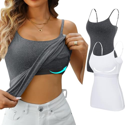 Attraco 2er Spaghetti Top Damen Unterhemd Spaghettiträger Tank Top mit Verstellbarer Strap Basic Cami Tank Top Grau/Weiß XL von Attraco