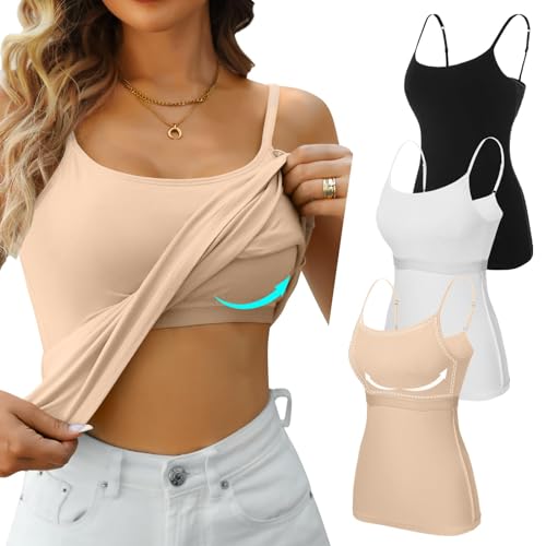 Attraco 3er Pack Damen Baumwolle Tank Top mit Regal BH Unterhemd Verstellbarer breiter Riemen Camisole Basic Cami Tanks Schwarz/Weiß/Nude XL von Attraco