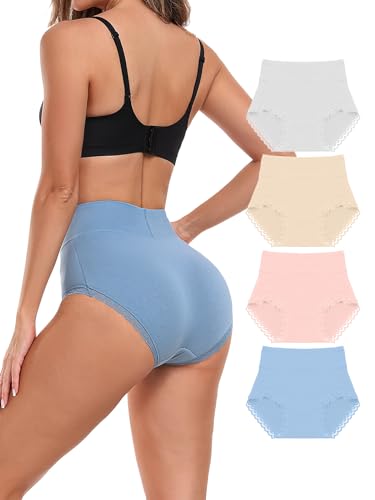 Attraco 4er Pack Unterhosen Damen Stretch Baumwolle Hohe Taille Slips Damen Atmungsaktiv Panties Weich Frauen Unterwäsche Rosa+Blau+Hautfarbe+Weiß XXL von Attraco