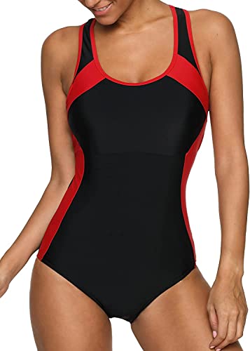 Attraco Damen Badeanzug Bauchweg Push Up Bademode Sport Swimsuit Einteilige Schwimmanzug Hohe Taille Monokinis Schwarz/Rot S von Attraco