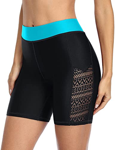 Attraco Damen Badeshorts Hohe Taille Kurze Badehose Schnell Trocknendes Wassersport Boardshorts Schwimmhose Schwimmshorts Schwarz/Aqua L von Attraco