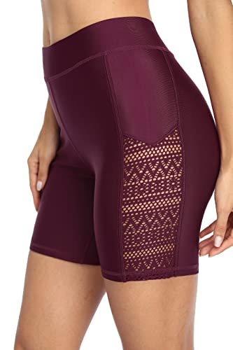 Attraco Damen Badeshorts Hohe Taille Kurze Badehose Schnell Trocknendes Wassersport Boardshorts Schwimmhose Schwimmshorts Weinrot XL von Attraco