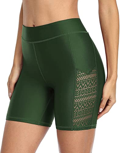 Attraco Damen Badeshorts Hohe Taille Kurze Badehose Schnell Trocknendes Wassersport Boardshorts Schwimmhose Schwimmshorts Armeegrün M von Attraco