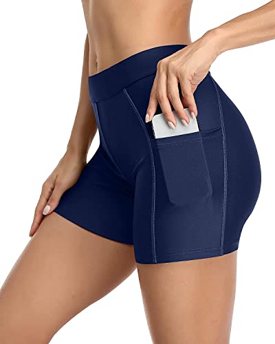 Attraco Damen Badeshorts Kurze Badehose Strand Boardshorts Schnell Trocknendes Schwimmshorts Wassersport Bikinihose Schwimmhose mit Innenslip Navy Blau M von Attraco