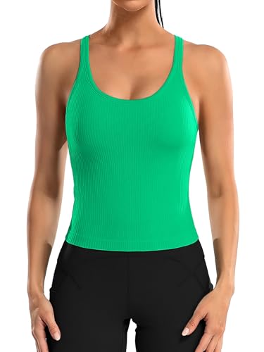 Attraco Damen Tanktop Workout mit Built-in BH Yoga Racerback Tank Top Sport Top Fitness Shirt Running T-Shirts Laufen Workout Gym Grün L von Attraco