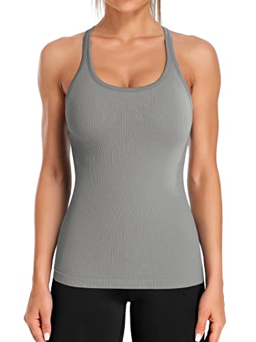 Attraco Damen Tanktop Workout mit Built-in BH Yoga Racerback Tank Top Sport Top Nahtlos Atmungsaktives Shirts Sportshirt Training Jogging Running Shirt Grau XL von Attraco