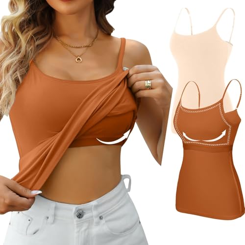 Attraco Damen Unterhemd mit Regal-BH Baumwoll Trägershirt Spaghetti Top Verstellbaren Spaghettiträger Trägertop Nude/Terrakotta L von Attraco