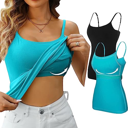 Attraco Damen Unterhemden mit Regal-BH Longshirt Basic Damen Top Baumwolle Bauchweg Tops Cami Camisole Tank Top für Frauen Grün/Schwarz M von Attraco