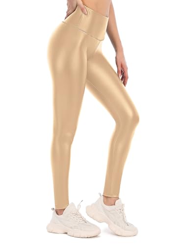 Attraco Leder Thermo Leggings für Damen Winter Thermoleggings Hohe Waist Winterleggings Gefüttert Leggings Gold XL von Attraco