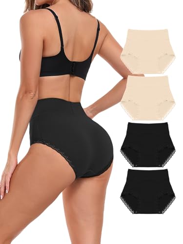 Attraco Slips Damen Nahtlo Hipster Unsichtbare Unterhosen Hohe Taille Panties Unterwäsche Bequem Frauen Panties Bikini Schwarz*2+Hautfarbe*2 L von Attraco