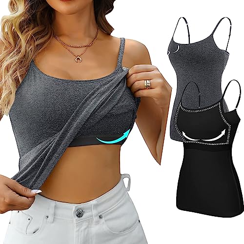 Attraco Spaghetti Top Damen Unterhemd Spaghettiträger Tank Top mit Verstellbarer Strap Basic Cami Tank Top Sommer Grau/Schwarz L von Attraco