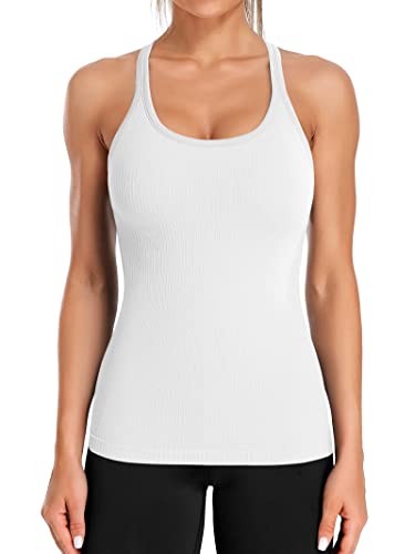 Attraco Sport Tank Tops Damen Built-in BH Workout Tanktop Racerback Yoga Atmungsaktives Shirts Sportshirt Training Jogging Running Shirt Ärmellose Top Weiß XL von Attraco
