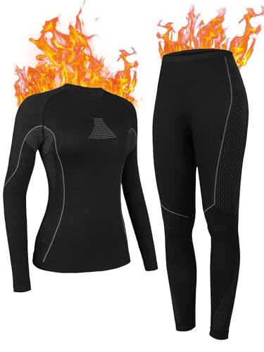 Attraco Thermounterwäsche Damen Winter Skiunterwäsche Atmungsaktiv Funktionswäsche Warme Thermo Unterwäsche Set lang Oberteil und Unterteile Base Layer Unterhose Leichtes Fleece Schwarz/Grau XL von Attraco