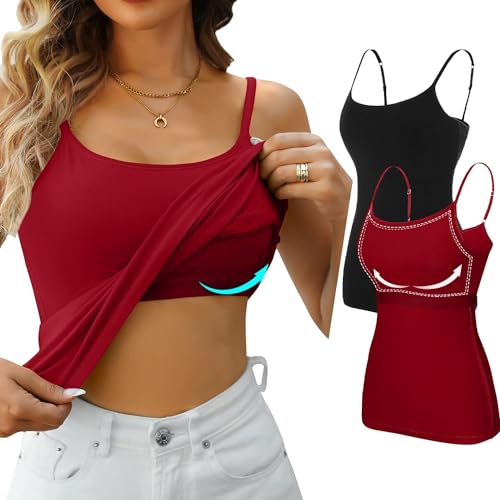 Attraco Unterhemd Damen Spaghetti Top Unterhemd Spaghettiträger mit Verstellbarer Strap Basic Cami Tank Top für Frauen und Mädchen Schwarz/Rot XL von Attraco