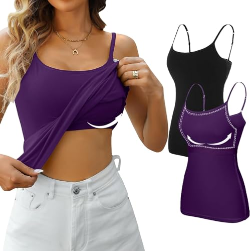 Attraco Unterhemden Damen Spaghettiträger Basic Top Layering Lange Tanks Verstellbarer Spaghetti Strap Cami Camisole Tank Top Schwarz/Lila XL von Attraco