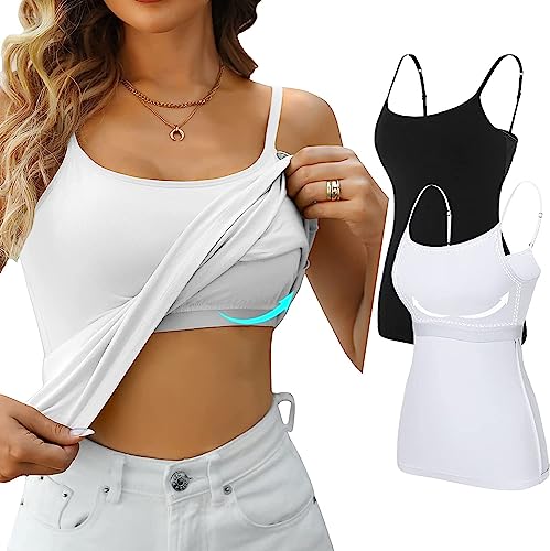 Attraco Unterhemden Damen Spaghettiträger Basic Top Layering Lange Tanks Verstellbarer Spaghetti Strap Cami Camisole Tank Top Schwarz/Weiß L von Attraco