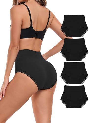 Attraco Unterhosen Damen Baumwolle Hohe Taille Stretch Unterwäsche Frauen Leichter Pantie Atmungsaktiv Panties Hipster Schwarz*4 XL von Attraco