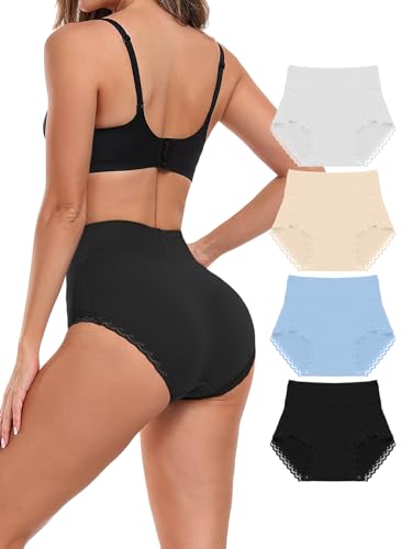 Attraco Unterhosen Damen Baumwolle Stretch Slips mit Hohe Taille Atmungsaktiv Unterwäsche Damen Weiche Pantys Hipster Frauen Unterwäsche Schwarz+Blau+Hautfarbe+Weiß L von Attraco