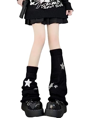 Attria Y2k Star Pattern Knitted Leg Warmers Socks Punk Japanese Kawaii Streetwear Leg Cover for Women Knee High Leg Socks, Schwarz, Einheitsgröße von Attria