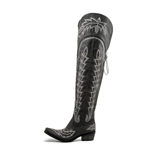 Atuelang Cowboystiefel für Damen, oberschenkelhoch, Cowgirl-Stiefel, breite Wade, Western-Stickerei, Overknee-Stiefel, Schwarz, 42 EU von Atuelang