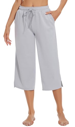 Atxnn 3/4 Hosen Damen Leichte Caprihose Weites Bein Yoga Jogginghose High Waist Freizeithose Sporthose Sommerhose mit Tasche, GRAU M von Atxnn