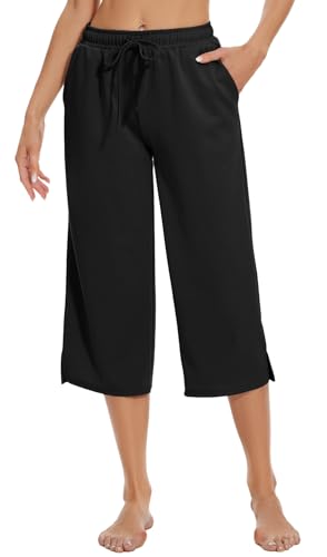 Atxnn 3/4 Hosen Damen Leichte Caprihose Weites Bein Yoga Jogginghose High Waist Freizeithose Sporthose Sommerhose mit Tasche, SCHWARZ XL von Atxnn