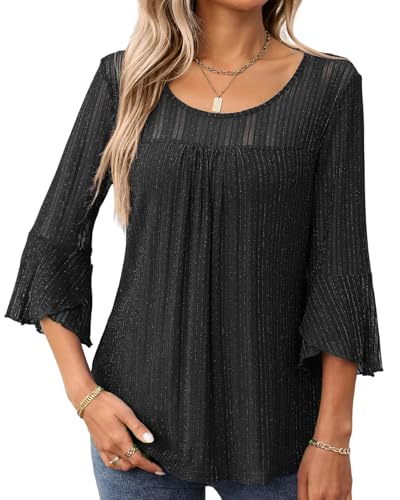 Atxnn Bluse Damen 3/4 Ärmel Tunika Elegant Glitzer Oberteile Lässige Party Longshirt Mesh Doppellagige Tops Frühling Herbst Shirt Hemd, Schwarz L von Atxnn