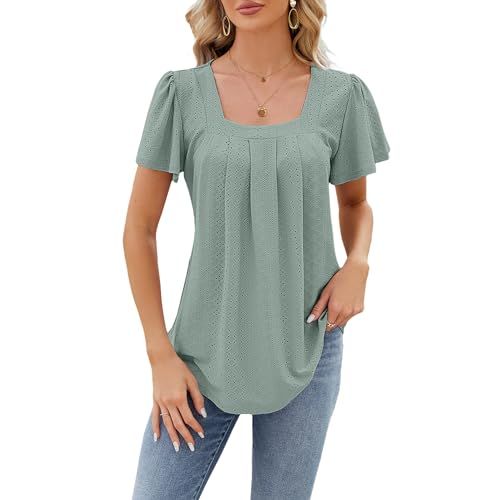 Atxnn Bluse Damen Gerüschte Kurze Ärmel Tops Sommer T Shirt Casual Damenblusen Kurzarm Oberteil Spreizkragen Jacquard hohl Tunika von Atxnn